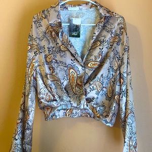 Miss Love, No Rest for Bridget cropped silk print top.